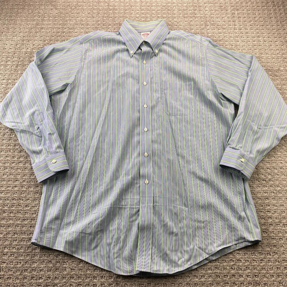 Brooks Brothers Formal Shirt Men 16.5 - 34 Gray Green Stripes Non-Iron
